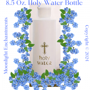 Holy Water Bottle, 8.5 oz., large, white with gold cross, moonlight enchantments